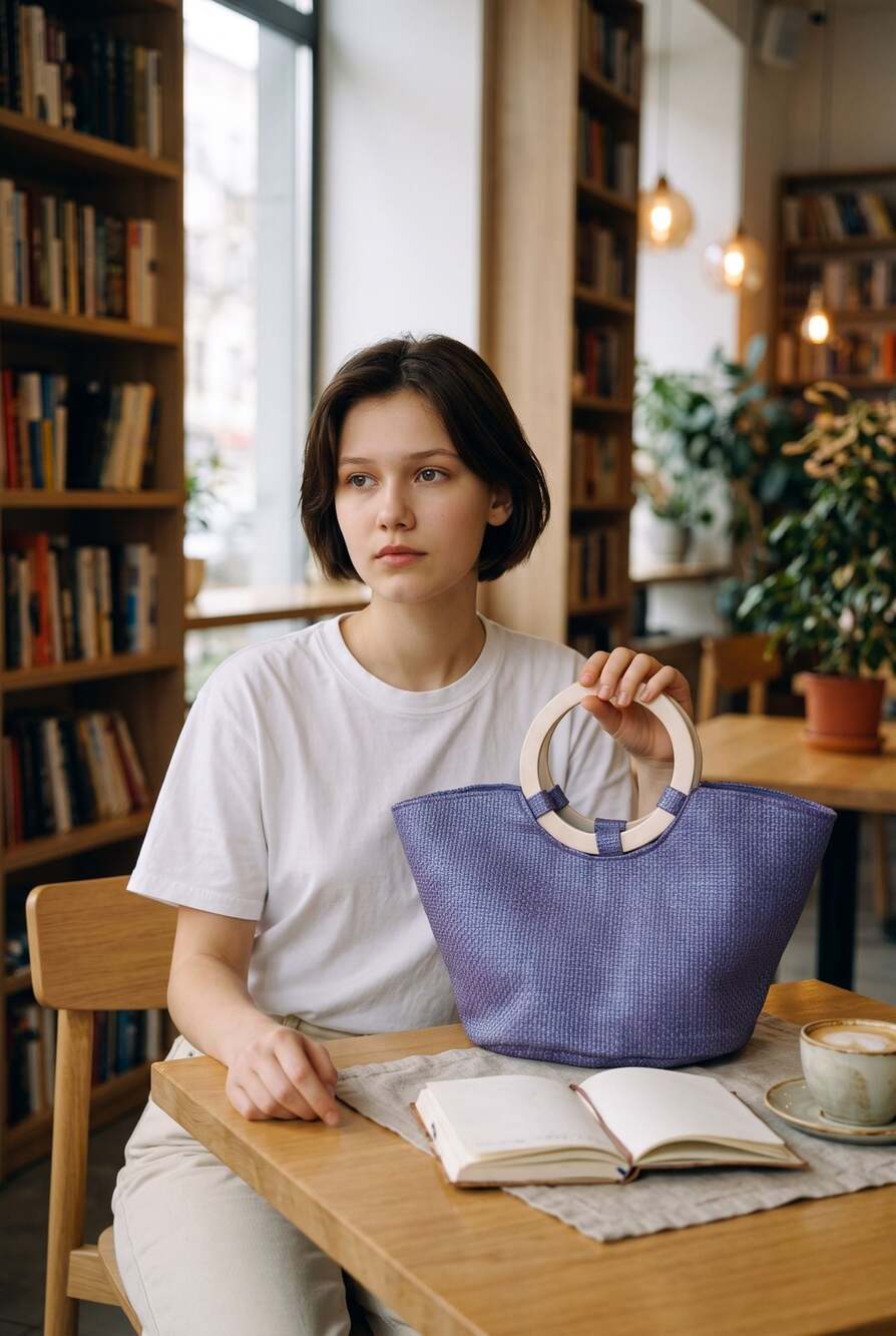 Lavender Woven Tote Bag with Faux Wooden Handles